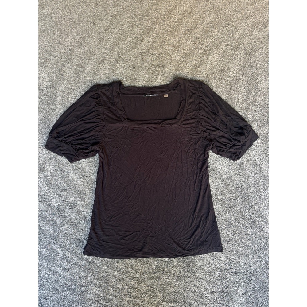Tahari Top Womens Large Black Viscose Stretch Square Neck Short Sleeve Pullover